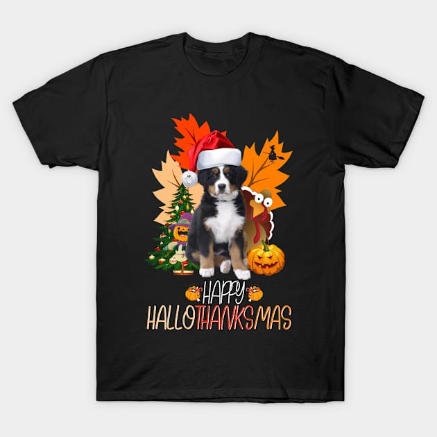 Happy Hallothanksmas dog Halloween Thanksgiving Christmas T-Shirt by dounjdesigner